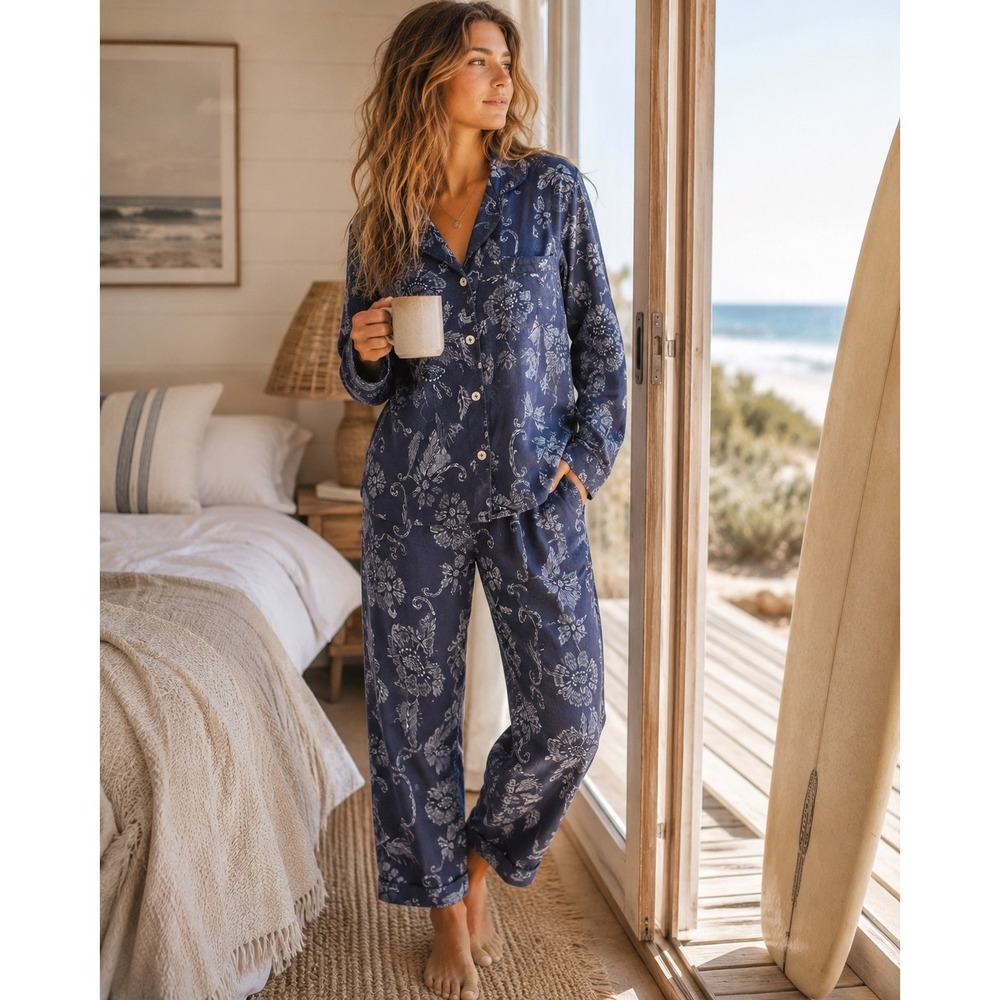 Desmond & Dempsey Pajama Set Womens XS Navy Blue Floral Cotton Button Down 12069